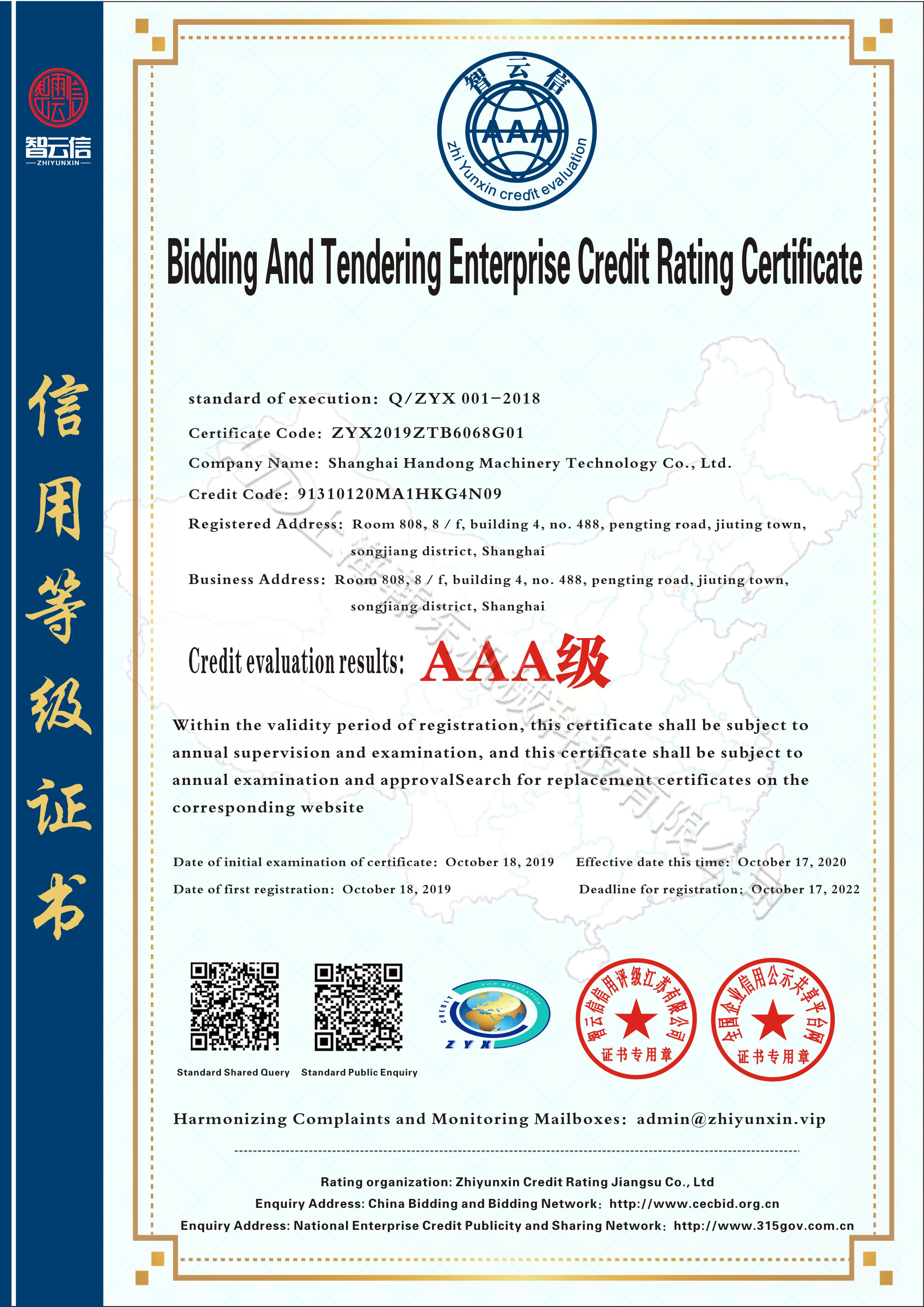 AAA Credit Rating Certificate